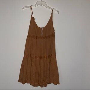 Entro Lace Ruffle Layered Brown Tie Strap Iridescent Button M Sun Dress NWOT